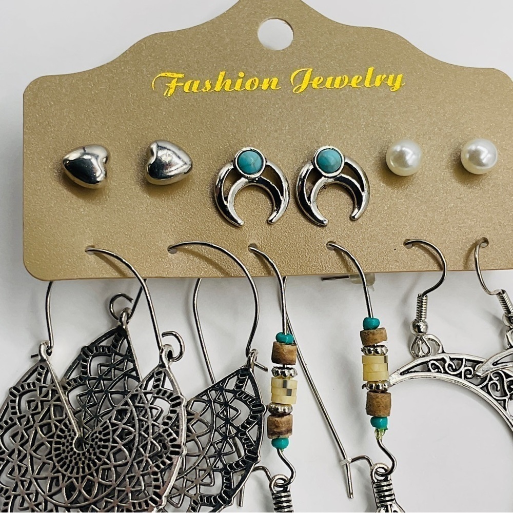 6 Pairs Boho Stud Earring Set Bohemian Feather Heart Dangle Jewelry Silver Tone - Picture 2 of 8